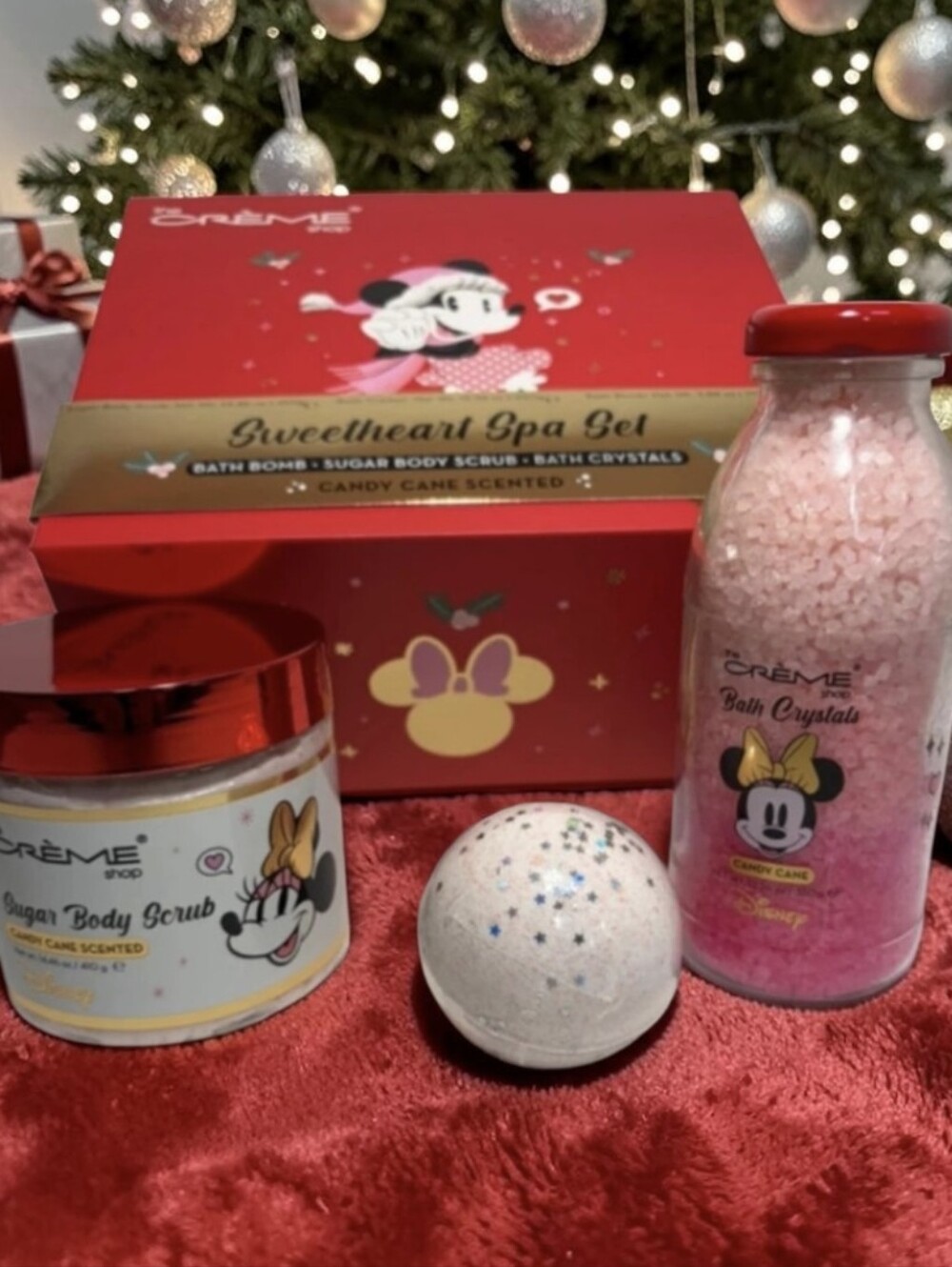 NIB The Creme Shop X Minnie Mouse Candy Cane Bath Crystals & Sugar Scrub